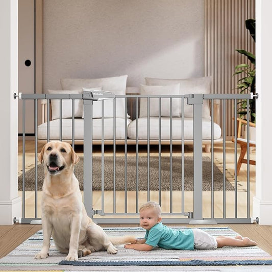 BABELIO 29-55 Inch Extra Wide Baby/Dog Gate, Metal Auto Close for The House and Doorways, Pressure Mounted Pet Door, NO Need Tools and Drilling, with Wall Cups, Gray-PawvioPets