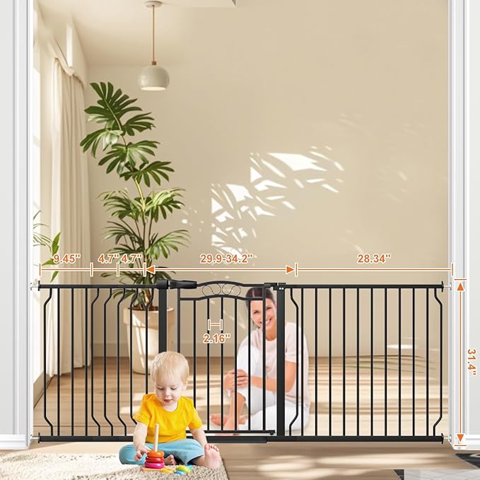 67.3-81.1" Extra Wide Baby Gate for Stairs No Drilling, 30" Tall Auto Close Press Mounted Baby Gate for Doorways, Adjustable Width Walk Through Long Gates for Kids or Pets, Black-PawvioPets