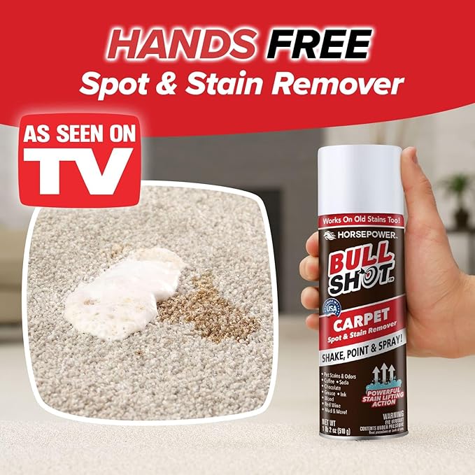 Bull Shot Carpet Spot & Stain Remover by Horsepower, AS-SEEN-ON-TV, Made In USA, Just Point & Spray, Stain-Lifting Foam-Action, Pet Stains & Odors, Coffee, Soda, Wine, Grease, New & Old Stains & More-PawvioPets