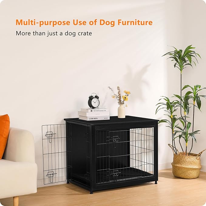 DWANTON Dog Crate Furniture with Cushion, Wooden Kennel Table with Double Doors, Indoor Dog House, Medium Size, 32.5" L, Black-PawvioPets