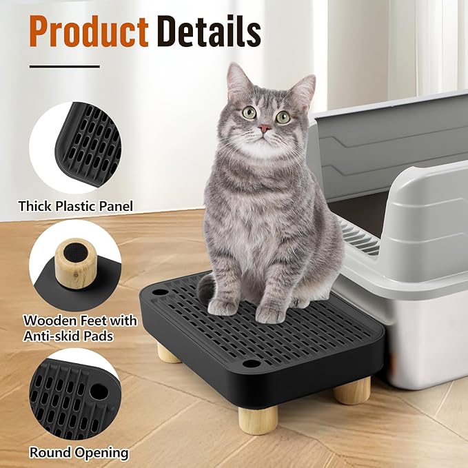 Cat Litter Box Step Ramp, Cat Litter Catcher Mat with Wooden Feet, Filter Function, Cat Pedal Stool for Self-Cleaning Cat Litter Box, Ideal for Kitten & Elderly Cats (Black)-PawvioPets