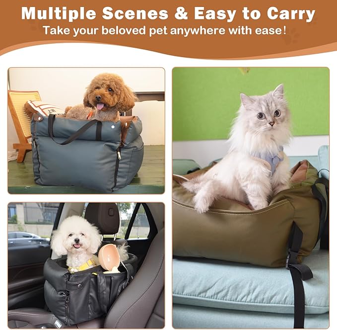 2 and 1 Center Console Dog Car Seat & Carrier for Small Dogs, Large Leather Dog Car Bed with Storage Pocket, Waterproof PVC Leather Seat Travel Bed for Front & Back Seat, Clip-On Safety Leash-PawvioPets