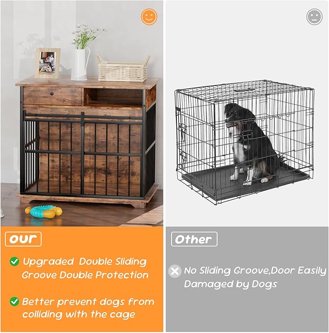 35.5" Dog Crate Furniture, Wooden Dog Crate Furniture for Medium Small Dogs, Wooden Dog Kennel End Table with Drawer and Open Shelves, Sliding Door Dog Kennel Furniture-PawvioPets