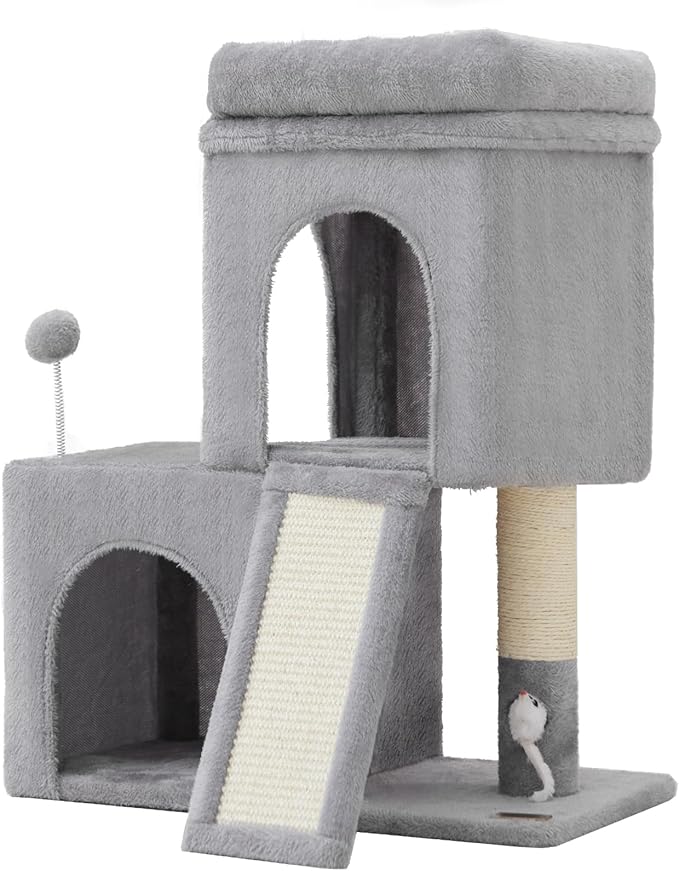 24inch Tall cat Tree with 2 cat condo and Mouse Toy Cozy Small cat Tower with Scratching Post and Board for Kitties and Small Cats.（Light Grey）-PawvioPets