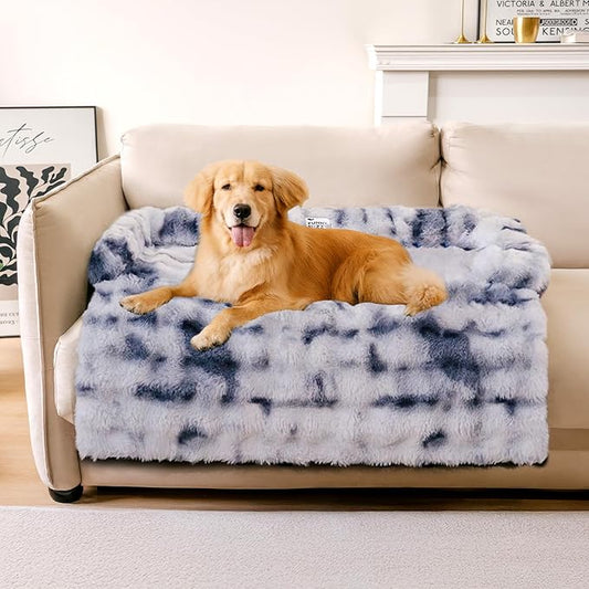 FUNNY FUZZY Pet Fluffy Fuzzy Calming Dog Couch Bed Sofa Protector Washable Pets Mat for Large Medium Small Dogs and Cats (Tie-dye Blue,37.4 × 33.46 × 6.3 in)-PawvioPets