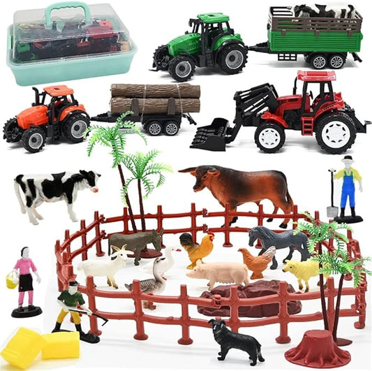 Farm Animals Figures Playset, 40 Pcs Farm Toy Tractor with Plastic Farm Animals Figurines, Farmer and Fence Farm Playset, Farm Figures Farmer Truck Toy with Trailer for Kids Boys Girls Toddlers 3+-PawvioPets