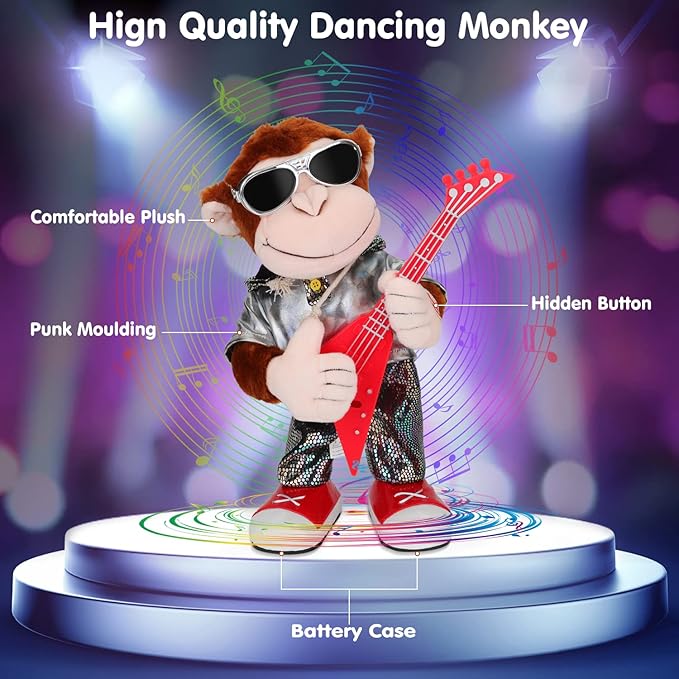 Dancing Monkey Plush Toy, Stuffed Toys, Dancing Singing, Body Shaking, and Guitar Shaking, Punk Molding, One Button Control, Children's Education Toys, Musical Intelligence Development-PawvioPets
