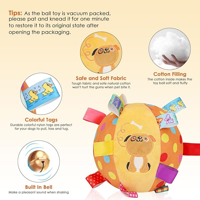 Dog Squeaky Plush Toy with Straps, 6-Inch Soft Stuffed Ball with Cotton Material and Bell Built-in, Pet Interactive Fetch Toy for Small to Large Dog-PawvioPets