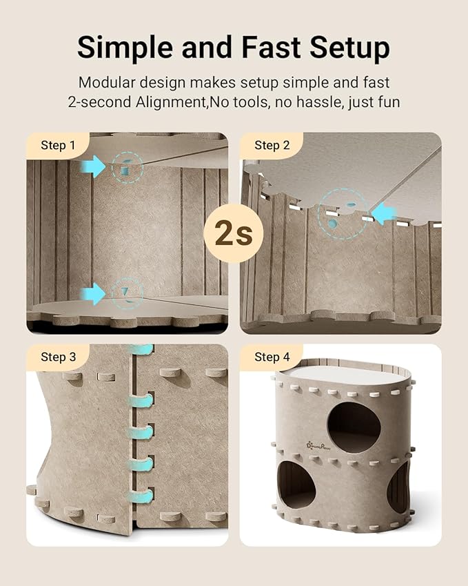 DownyPaws Cat House for Indoor Cats, 2-Storey Foldable Cat Bed Cave, Felt Cats Tunnel Bed Condo, Castle Kitten Cube Hideaway for Multicats, Scratch Resistant, Cream-PawvioPets
