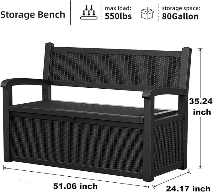 80 Gallon Storage Bench Waterproof and Lockable,Deck Box Outdoor Storage Furniture for Patio,Garden,and Porch – Perfect for Storing Garden Tools and Cushions(Black)-PawvioPets