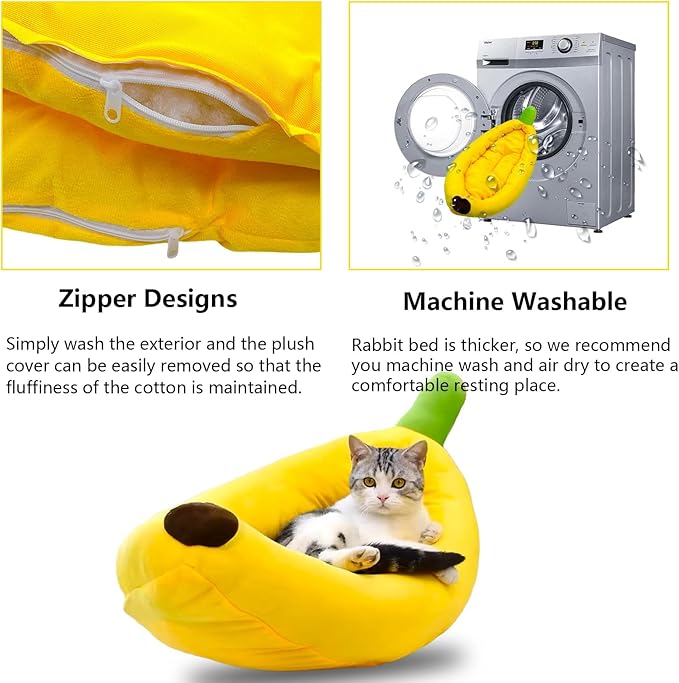 Bunny Bed,Rabbit Bed,Thick&Soft with Removable Mat,Machine Washable Guinea Pig Cushion,Cozy Bunny Plush House,Warm Small Animal Sleeping Beds(Yellow Banana Shape-M)-PawvioPets