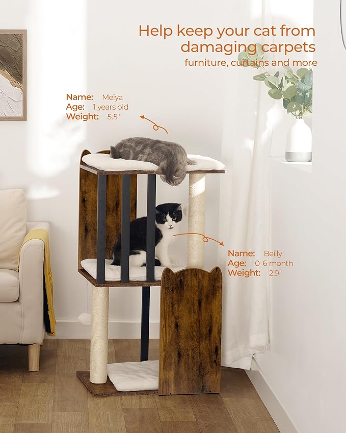 FourFurPets 35.4in 3-Tier Modern Cat Tree Tower Condo, Cat Scratch Posts for Indoor Cats, Big Plate, Two Full Sisal Scratching Posts, Rustic Brown-PawvioPets