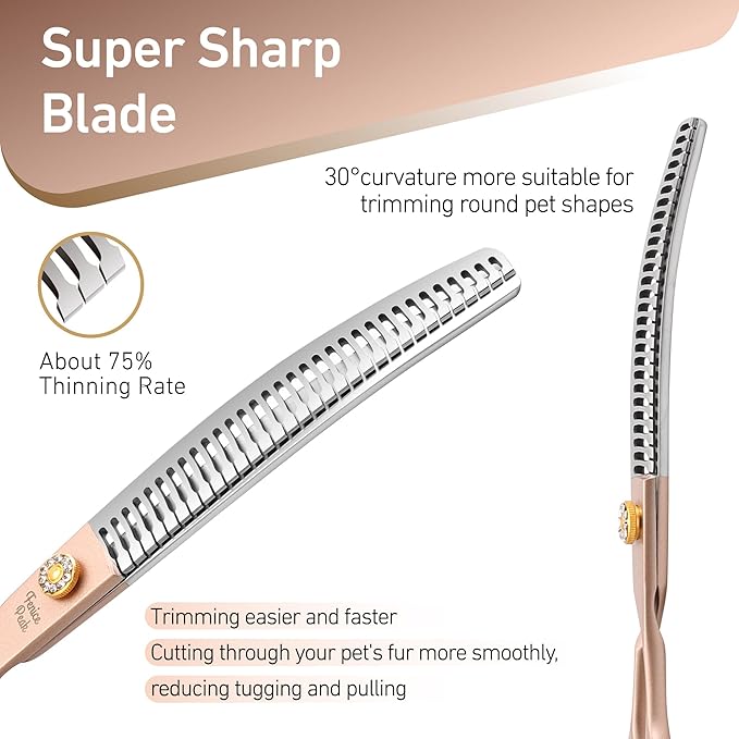 Fenice Peak Professional Curved Chunker Dog Grooming Scissors 7.0'' Rose Gold Thinning Shears Extremely Sharp Blades 440C Stainless Steel Thinning Shears Durable Smooth Fine Cut for Dogs and Cats.-PawvioPets