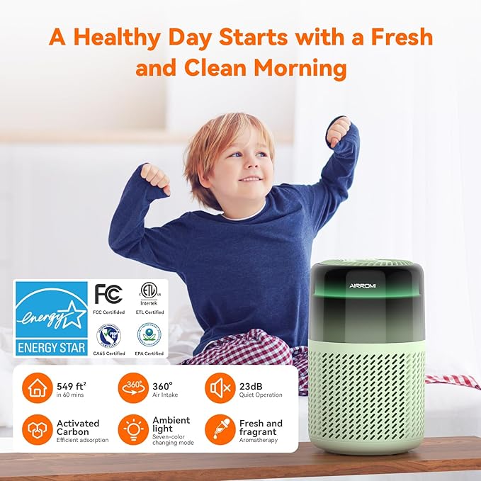 AIRROMI Air Purifier for Bedroom Home,HEPA Filter,Covers Upto 549 Ft²,Quiet 360°intake Air Cleaner with Fragrance ponge for Better Sleep,Night Light,Filters Smoke,Pet Dander,Allergies,Dust,A2005 Green-PawvioPets