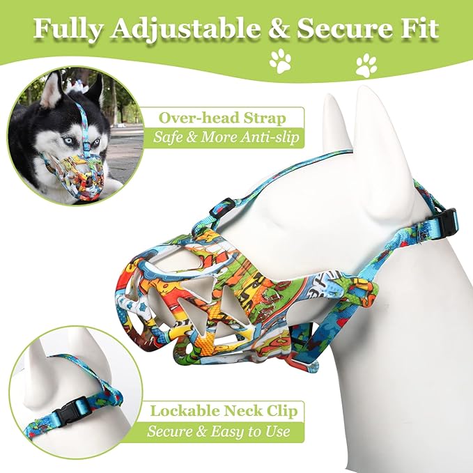 Dog Muzzle, Printed Basket Muzzle for Small Medium Large Dogs Dachshund, Beagle, German Shepherd, Breathable Pet Muzzles to Prevent Biting Chewing Scavenging, Allows Panting and Drinking-PawvioPets