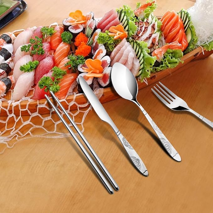 3 Pack Reusable Flatware Sets Knife, Fork, Spoon, Chopsticks, 12Pcs Portable Travel Stainless Steel Tableware Dinnerware with Carrying Case-PawvioPets