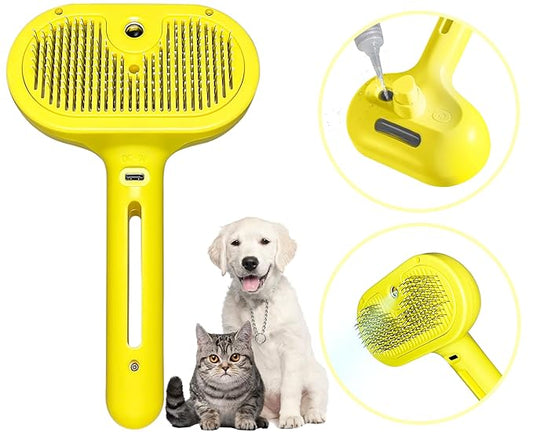 Cat Brush for Shedding - Pet Hair Removal Comb with Water Tank, Steam Brush, Cat Bath Brush, Dog Brush - Yellow-PawvioPets