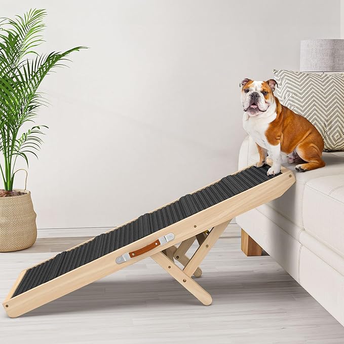 Dog Ramp for Couch, Bed, Wooden Long Pet Stairs for Small & Large Old Dogs & Cats, Hold up to 100lb, Adjustable Height from 11.41" to 20.47", Portable Doggie Steps (39.37" Long)-PawvioPets