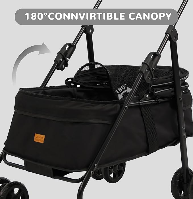 4 Wheels Pet Stroller,One-Click Folding Portable Folding Dog Cat Stroller,Sunshade, Storage Bag, Waterproof Oxford Fiber，Breathable and Visible Mesh for Small/Medium Pets up to 33 lbs,Black ﻿-PawvioPets