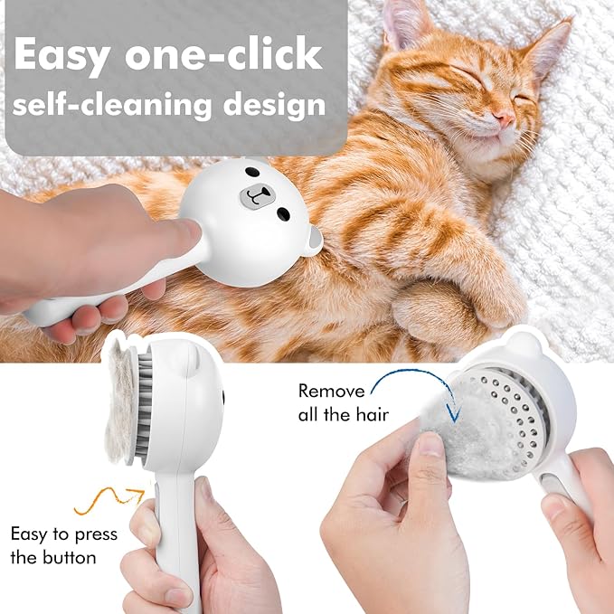 4 in 1 Pet Steam Brush for Cat & Dog, Cat Steam Brush for indoor Cats, Self Cleaning Shedding & Grooming Tool with Waterless Shampoo, Pet Spray Hair Removal Comb with Release Button & Water Tank-PawvioPets