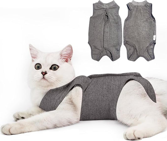 DOTON Cat Recovery Suit for Male and Female Surgical Post Surgery Soft Cone Onesie Shirt Clothes Neuter Licking Protective Diapers Outfit Cover Kitten Spay Collar(S, Grey)-PawvioPets