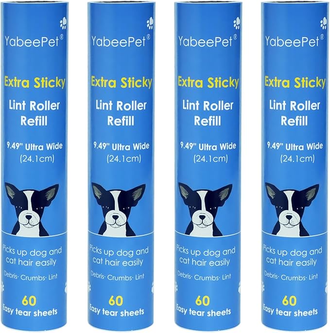 9.49'' Extra Sticky Large Lint Roller Refills, 4-Pack Giant Roller Refills for Carpets, Couch, Floor, Clothing, and Pet Hair Cleaning, 60 Sheets per Roll (240 Sheets Total)-PawvioPets