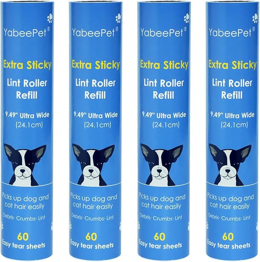 9.49'' Extra Sticky Large Lint Roller Refills, 4-Pack Giant Roller Refills for Carpets, Couch, Floor, Clothing, and Pet Hair Cleaning, 60 Sheets per Roll (240 Sheets Total)-PawvioPets