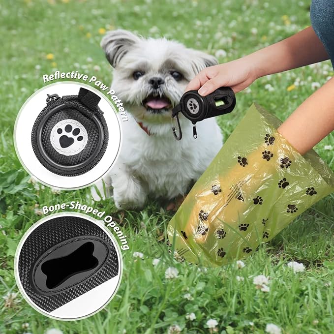 Dog Poop Bag Holder for Leash Doggie Waste Bag Dispenser Soft Fabric Puppy Potty Carrier Small Doggy Zipper Pouch with Carabiner Clip with 1 Roll of Pet Trash Bags, Black-PawvioPets