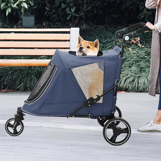 Athena Collection 3 Wheels Pet Stroller Fabric Dog Cart Dog Stroller for Large Dogs 55 Lbs Pet Stroller with Mesh Windows, Zipper Back Pocket, Safety Tether, Angle Adjustable Handlebar, Navy Blue-PawvioPets