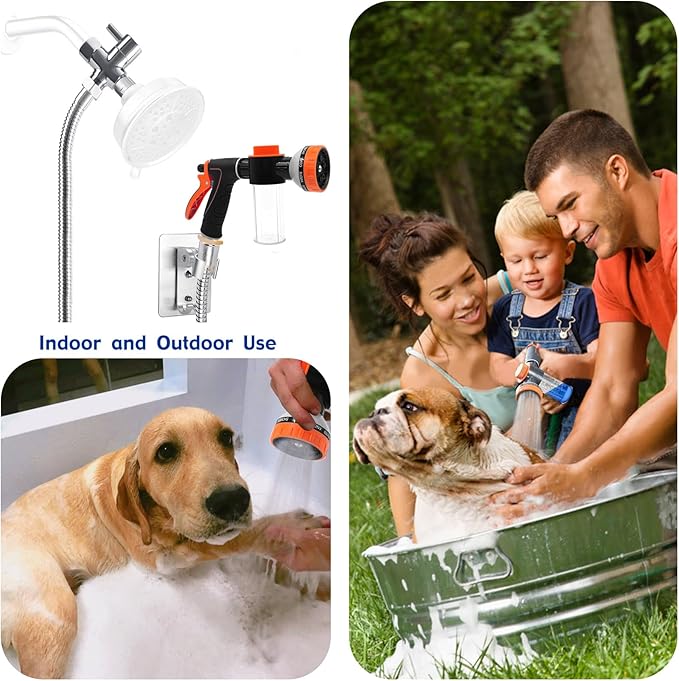 Dog Shower Attachment Water Hose Nozzle Sprayer Set with Metal 3-Way Shower Diverter & 6.6 Ft Long Hose for Bathroom Shower Arm Easy Indoor Outdoor Pet Pup Dog Washing Hose attachment-PawvioPets