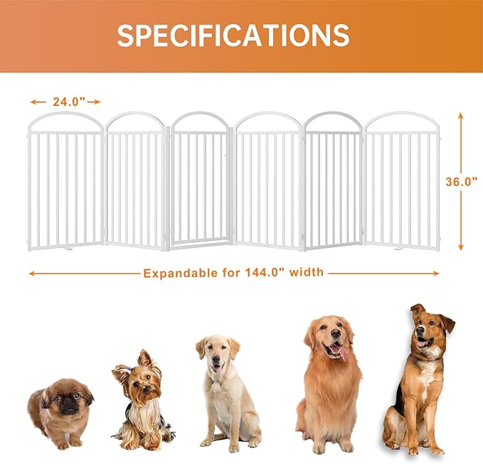 6 Panles Full Matel Freestanding Dog Gates with Door, 144"Extra Wide 36"Tall Free Standing Dog Pet Gate for Indoor & Outdoor. Foldable Pet Fences for Doorways, House, Stairs, Porch, Deck, Yard-PawvioPets