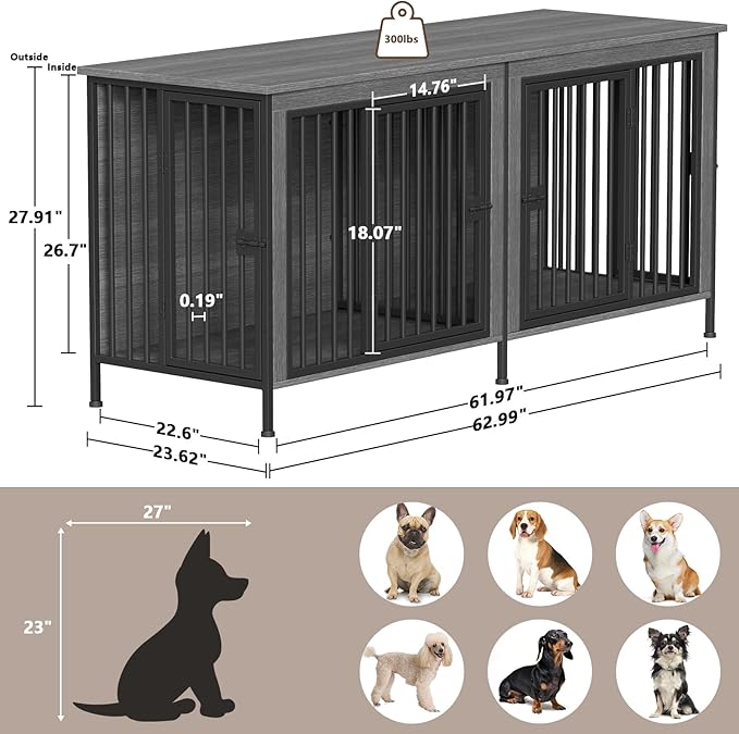 EasyCom 63" Dog Cage Furniture for 2 Pets with Divider, XL Wooden Double Dog Crate Furniture TV Stand for Mideum Breed, Durable and Sturdy-PawvioPets