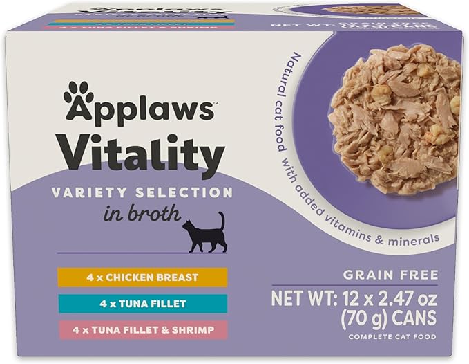 Applaws Vitality Wet Cat Food in Broth, Natural Canned Cat Food, Wet Food for Cats with Added Vitamins and Minerals, Grain Free, Carrageenan Free, Variety Selection in Broth (12 Count, 2.47 oz Cans)-PawvioPets