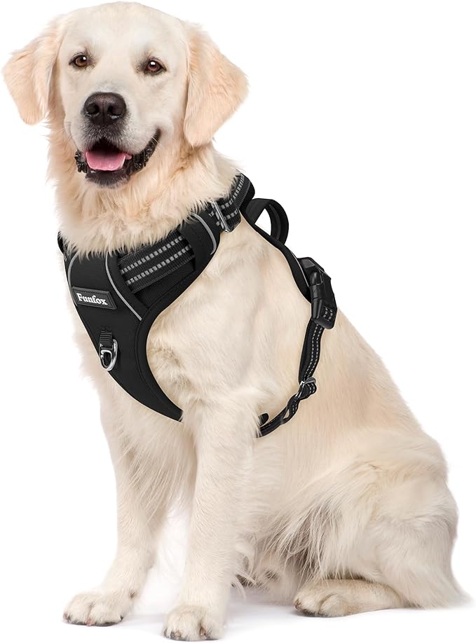 Funfox Dog Harness No Pull, Adjustable Dog Vest Harness Super Soft, 2 Leash Clips Anti Pull, Vertical Handle Easy to Control, Reflective Night Walking for Large Breed, Black, L-PawvioPets