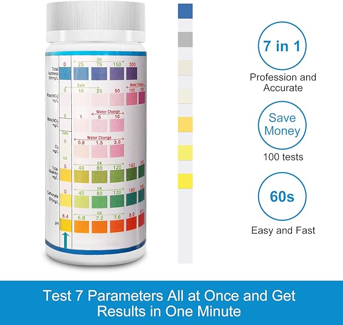 Aquarium Test Strips for Freshwater Fish: 7 in 1 Fish Tank Water Testing Kit for Aquarium Pond - Accurate Testing Nitrate Nitrite Hardness Free Chlorine pH Carbonate Total Alkalinity-100 Strips-PawvioPets
