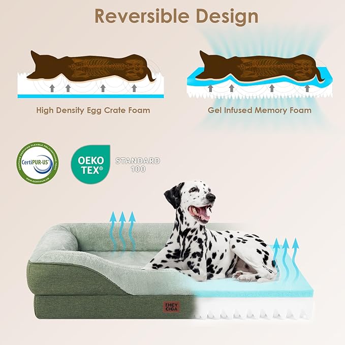 EHEYCIGA Memory Foam XXL Dog Bed for XLarge Sized, Extra Large Orthopedic Dog Sofa with Sides and Waterproof Liner, Washable Bolster Pet Couch with Removable Cover, 52x41x8 Inch, Green-PawvioPets