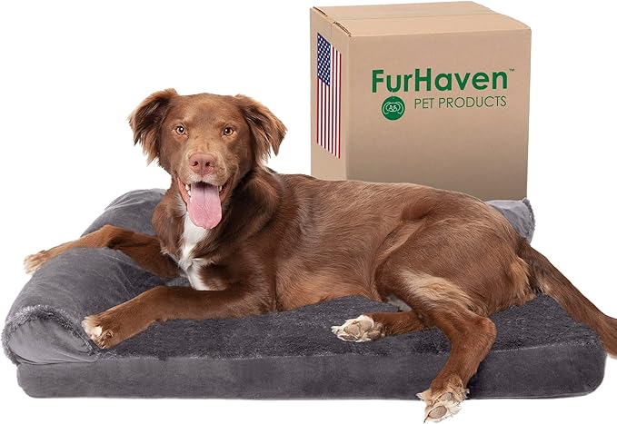 Furhaven Cooling Gel Dog Bed for Large/Medium Dogs w/ Removable Bolsters & Washable Cover, For Dogs Up to 55 lbs - Plush & Velvet L Shaped Chaise - Platinum Gray, Large-PawvioPets