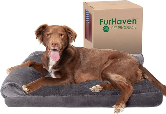 Furhaven Cooling Gel Dog Bed for Large/Medium Dogs w/ Removable Bolsters & Washable Cover, For Dogs Up to 55 lbs - Plush & Velvet L Shaped Chaise - Platinum Gray, Large-PawvioPets
