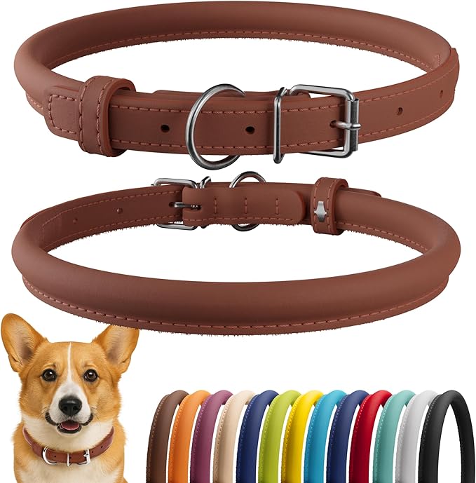 CollarDirect Rolled Leather Dog Collar, Soft Padded Round Puppy Collar, Handmade Genuine Leather Collar Dog Small Large Cat Collars 13 Colors (13-16 Inch, Cinnamon Smooth)-PawvioPets