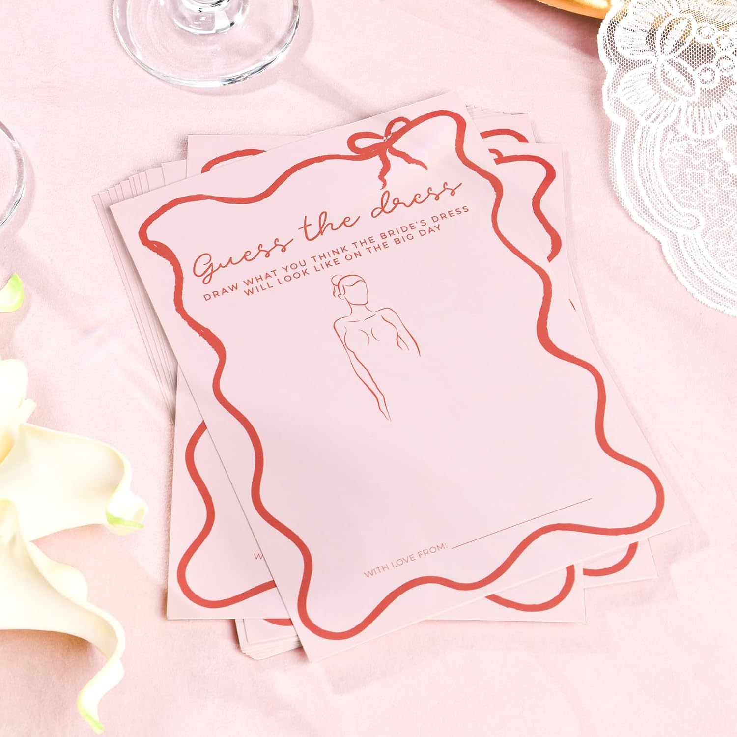 DEEKA 30 PCS Bridal Shower Games Card for 30 Guests Pink Wavy Border Ribbon Bow Funny Wedding Bachelorette Party Games for Reception (Guess The Dress)