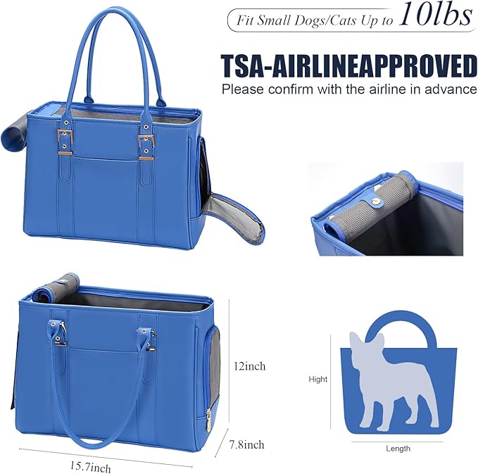 Fashion Pet Carrier Dog Purse Cat Bag Soft-Sided Carriers Travel Airline Approved, Stylish Leather Tote Handbag for Small Animal Puppy Kitten (Blue)-PawvioPets