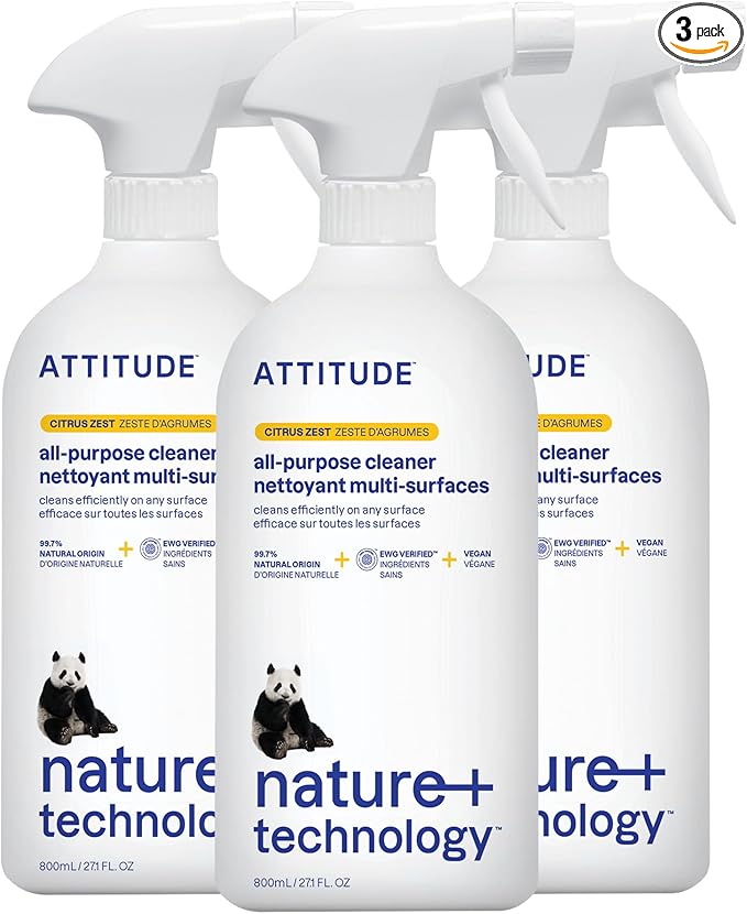 ATTITUDE All Purpose Cleaner Spray, EWG Verified, Vegan, Made with 94% Plant-Based Ingredients, Streak-Free for Kitchen, Bathroom, Glass & More, Citrus Zest, 27.1 Fl Oz (Pack of 3)-PawvioPets