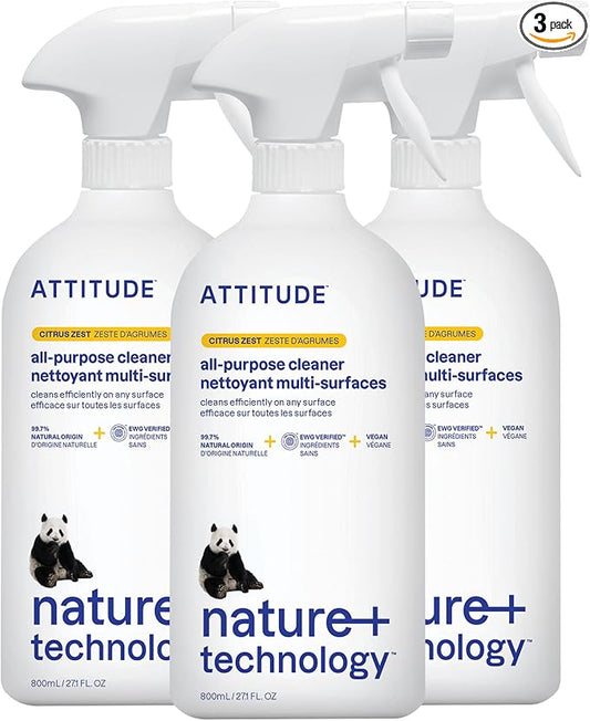 ATTITUDE All Purpose Cleaner Spray, EWG Verified, Vegan, Made with 94% Plant-Based Ingredients, Streak-Free for Kitchen, Bathroom, Glass & More, Citrus Zest, 27.1 Fl Oz (Pack of 3)-PawvioPets
