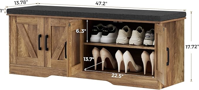 2-Tier Storage Bench, Shoe Bench with Padded Seat Cushion, Entryway Bench with 4 Barn Doors, Adjustable Shelf, 13.8" D x 47.2" W x 17.7" H, for Entryway, Living Room, Bedroom, Rustic Walnut-PawvioPets