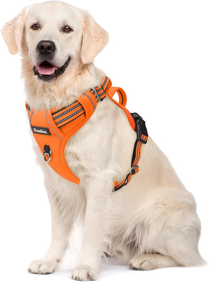 Funfox Dog Harness No Pull, Adjustable Pet Vest Harness, Super Soft Material with Vertical Handle Easy Control, Reflective Night Walking, 2 Leash Clips for Large Dogs, Orange, L-PawvioPets