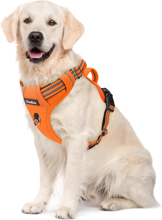 Funfox Dog Harness No Pull, Adjustable Pet Vest Harness, Super Soft Material with Vertical Handle Easy Control, Reflective Night Walking, 2 Leash Clips for Large Dogs, Orange, L-PawvioPets