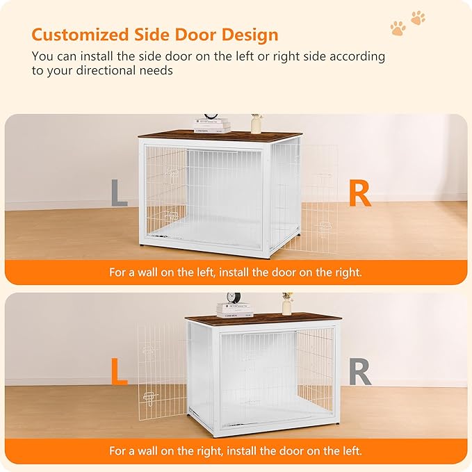 DWANTON Dog Crate Furniture with Cushion, Wooden Kennel Table with Double Doors, Indoor Dog House, Extra Large Size, 43.3" L, White+Rustic Brown-PawvioPets