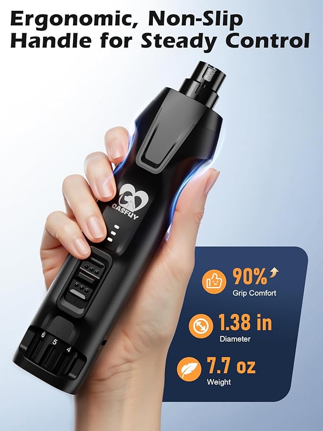Casfuy 6-Speed Dog Nail Grinder – 50%+ Boost Power Dog Nail Trimmers Quiet with Dust Cap & 2 LED Lights & 2000mAh Battery & 4.8V Motor Electric Pet Toenail File Tool for Large Medium Small Dogs Cats-PawvioPets