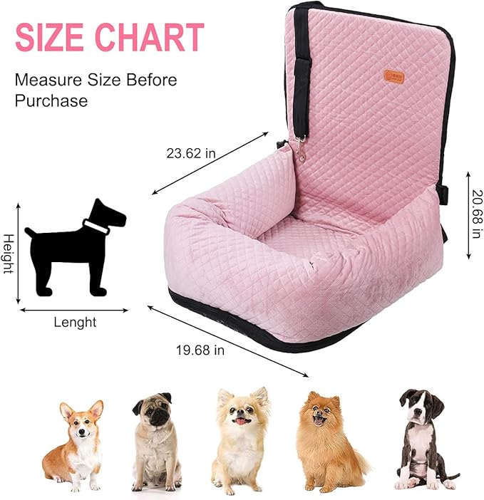Dog Car Seat for Small Medium Dogs Up to 40lbs, Detachable Washable Soft Pet Booster Travel Bed for Front & Pink Seat with Safety Leash Belt-PawvioPets