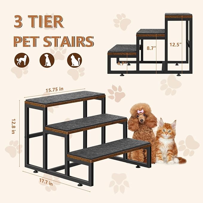 Dog Stairs for Small Dogs 3 Steps Pet Stairs Dog Stairs Steps for Couches High Beds, Non-Slip Indoor Dog Ramp, Holds Up to 100lbs-PawvioPets